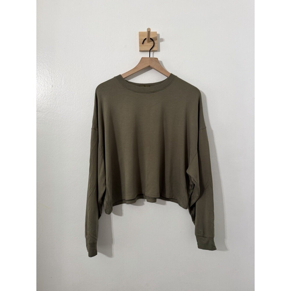 Nuuds Long Sleeve Crewneck Cropped Sweatshirt Olive Green Lg Lounge Soft Rayon